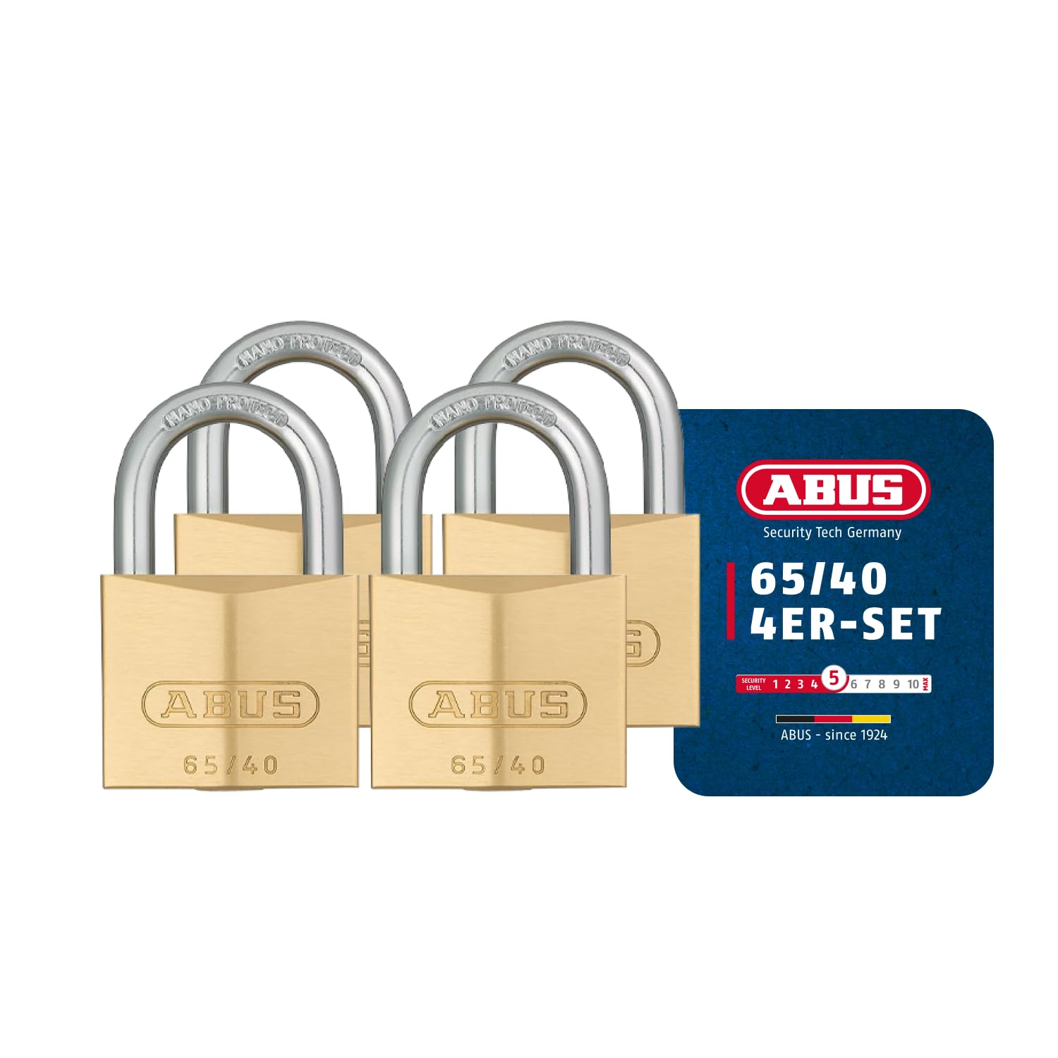 ABUS Vorhängeschloss Messing 65/40 - 4er Set, gleichschließend - Kellerschloss, Spindschloss u. v. m.- Messing-Schlosskörper - gehärteter Stahlbügel - ABUS-Sicherheitslevel 5