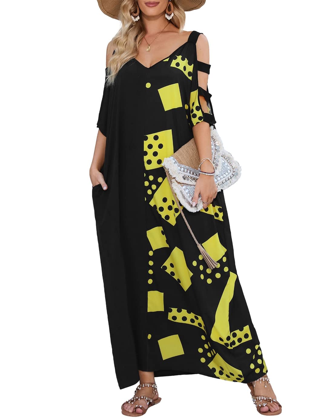 Eddoyee Women Kaftan Dresses,V-Neck Print Caftan, Long Swimsuit Cover Up,Loose Resort Wear Dress