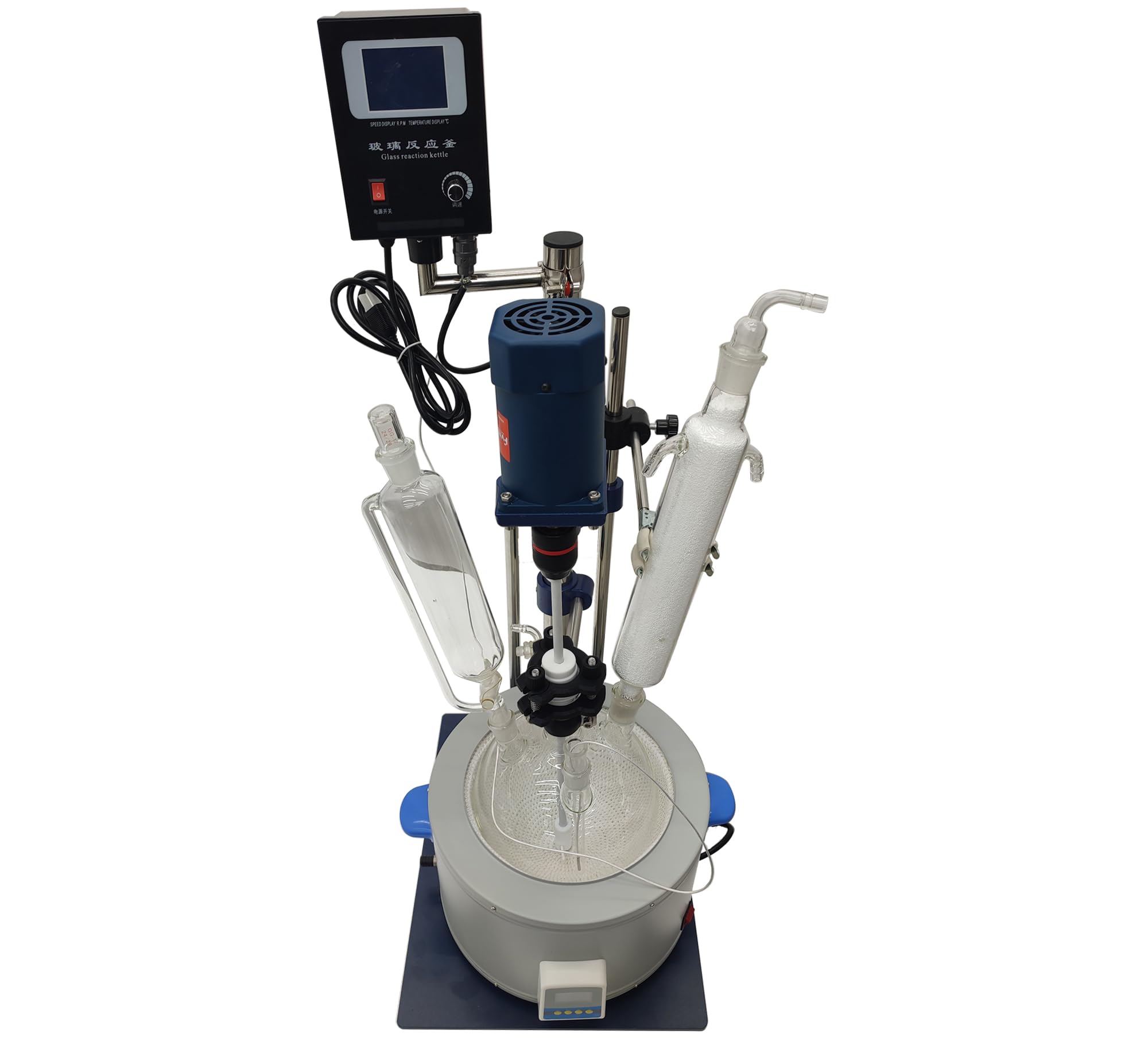 INTSUPERMAI 5L Jacketed Glass Reactor, Single Layer, with Heating Bath, 110V Chemical Reaction Unit for Reflux and Distillation of Reaction Solution