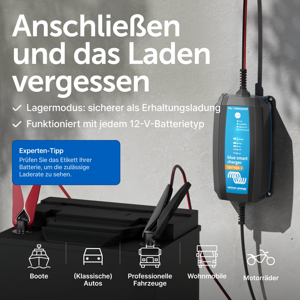 Victron Energy Blue Smart Batterie Ladegerät 12-Volt 10 Ampere 230V - Autobatterie Ladegerät - Batterieerhaltungsgerät und Desulfator - IP65 Geschützt - Bluetooth - CEE 7/17