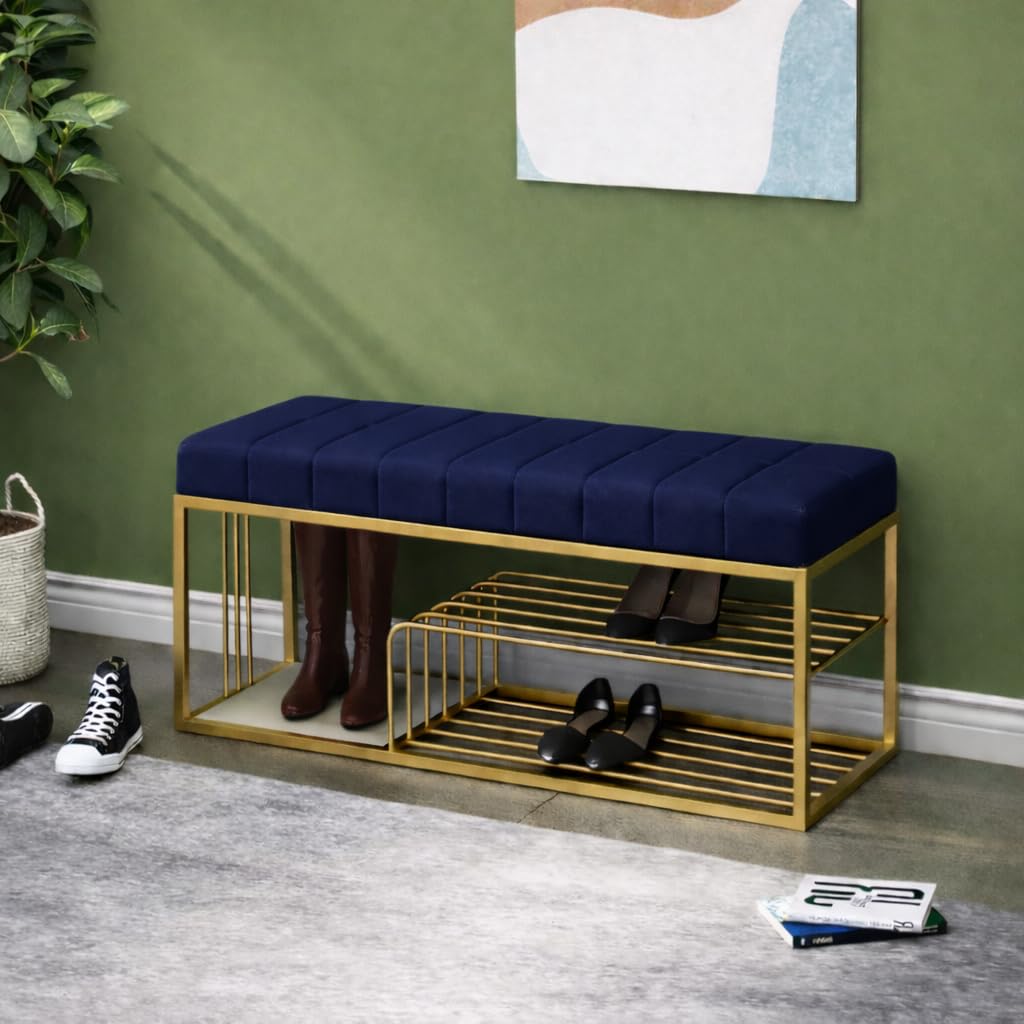Ottoman with Storage Medium Size Bench and Velvet Upholstery, The Entryway Sleeping Bench Ottoman, Sofa, Footstool, Bed End Table, Settee, with Storage for Living Area and Bedroom - Blue