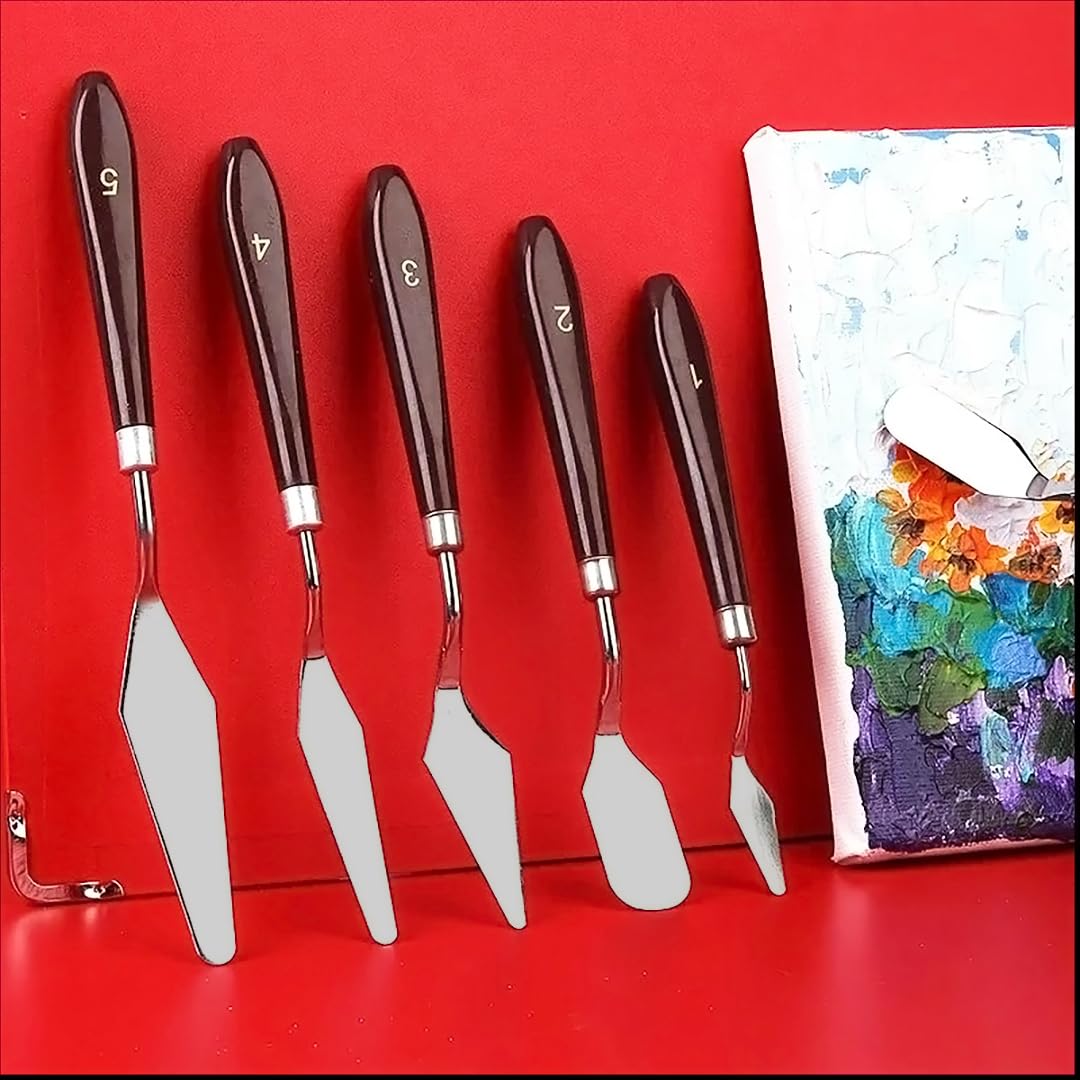 GLUN Set mit 5 Palettenmessern zum Malen, verschiedene Größen und Formen, Edelstahlspachtel, braune Zahlen, polierter Griff für Künstler, Leinwand, Ölfarbe