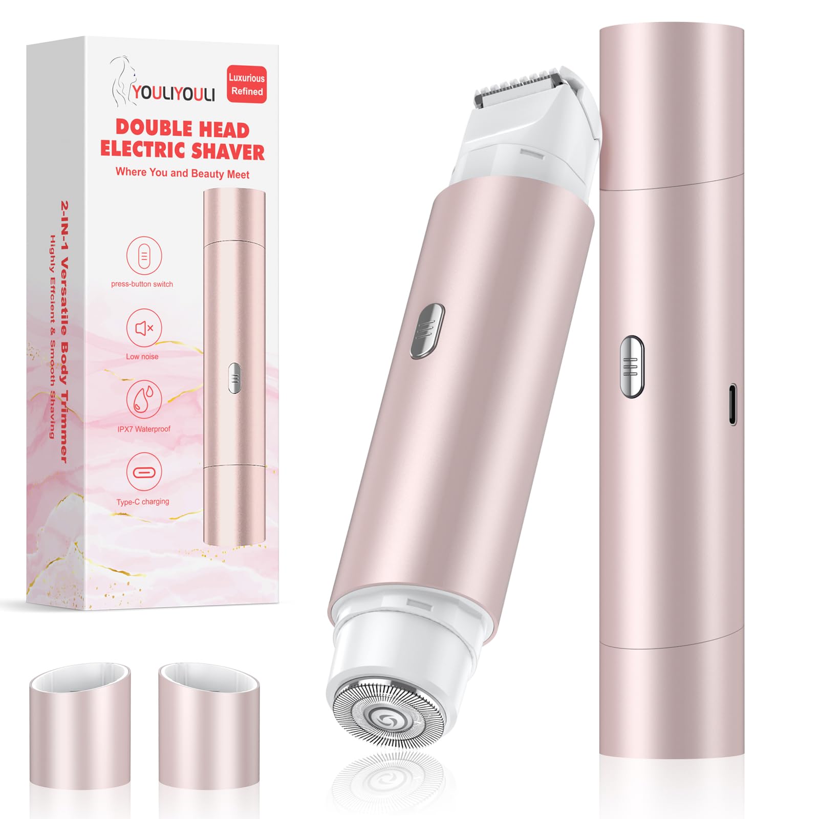 Bikini Trimmer for Women, Dual Head Face Shaver Body Hair Trimmmer, IPX7 Waterproof Womens Electric Razor for Legs, Light Pink