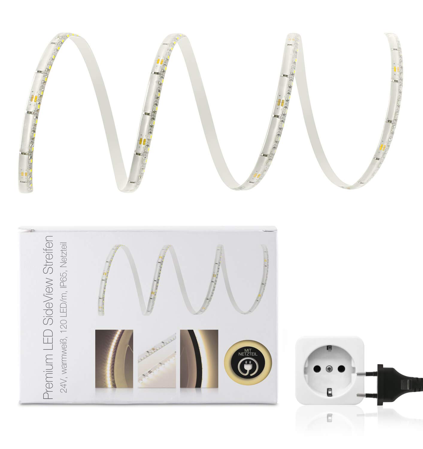 LED Universum Premium Sideview LED Streifen, 1m, warmweiß, 120 LED/m, IP65, 24V, 10W/m, 750 lm/m, seitliche Abstrahlung, inkl. Netzteil
