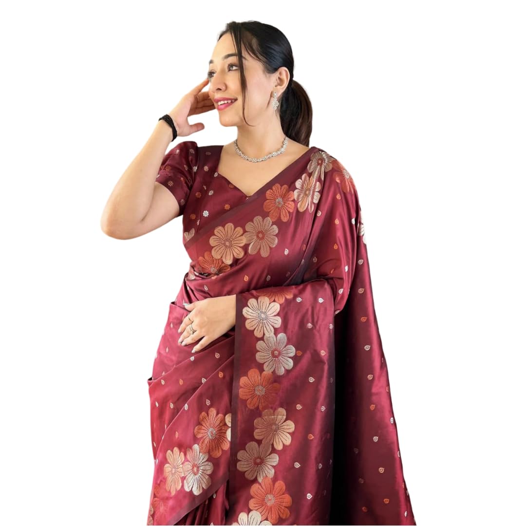 Flosive Women's Woven Kanjivaram Wedding Saree With Blouse And Zari Border (Maroon)