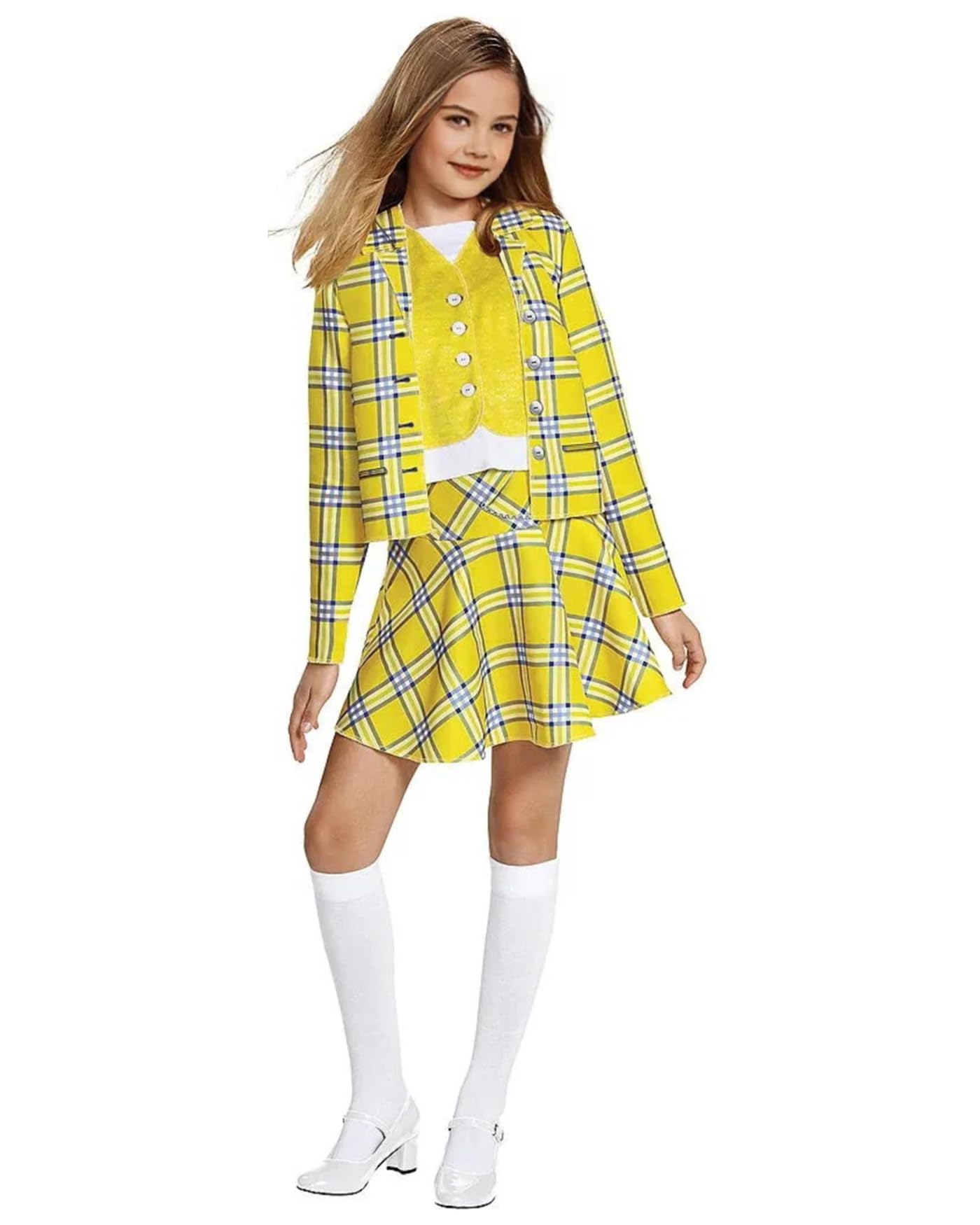 Koongso Cher Costume for Girls Movie Schoolgirl Fancy Dress, Yellow Plaid Coat Skirt Stockings