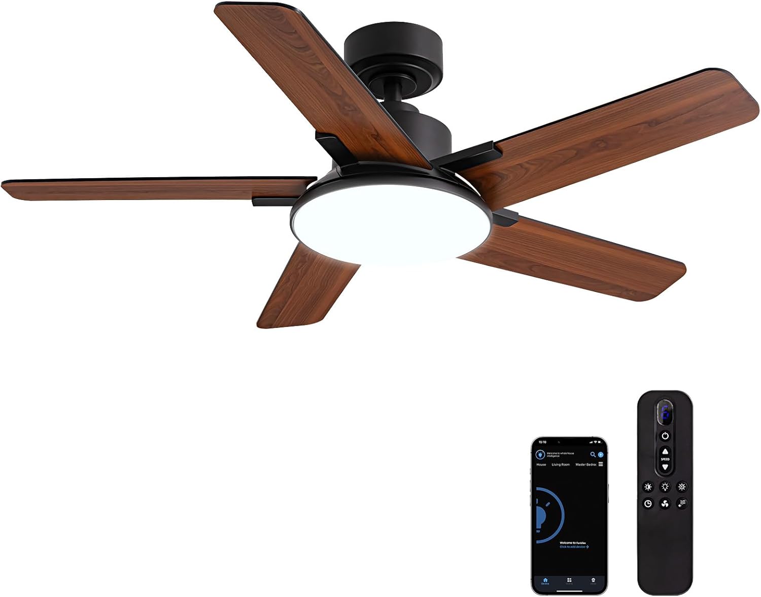 44 Inch Ceiling Fans with Lights and Remote Control, Modern Ceiling Fan with Dimmable LED, 6 Speeds, Timer, Quiet Reversible DC Motor, Black Ceiling Fan for Bedroom, Living Room and Kitchen Black 44 Inch