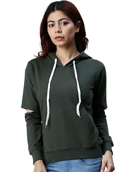 Cotton Blend Fleece Regular Fit Elbow Cut Full Sleeve Stylish Hooded Neck Sweatshirt for Women & Girls (JB_W208_Olive)