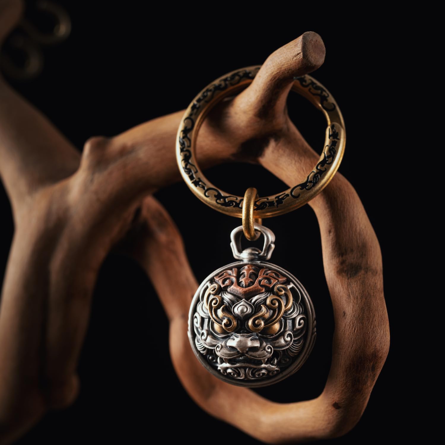 COPPERTIST.WU TaoTie Tiger Bell Dekor Glocken Schlüsselanhänger mit Schlüsselring, Haustier Bell Anhänger für Halskette, Messing & Kupfer & Silber