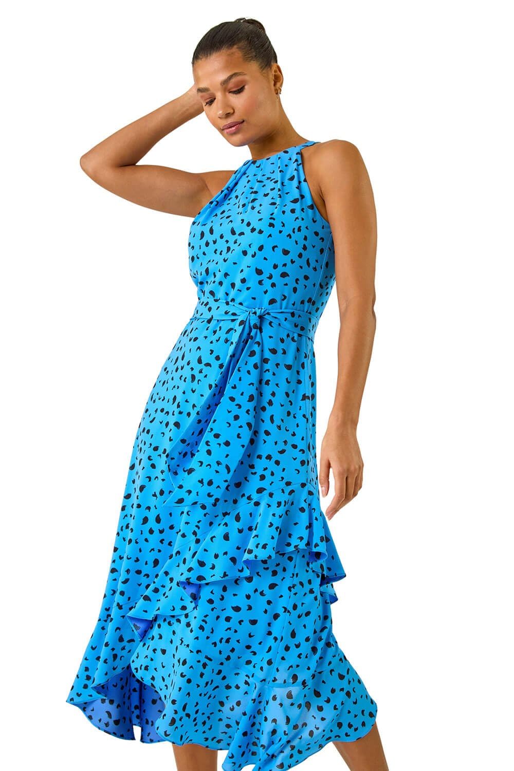Roman Originals Women's Spot Blue Halter Neck Frill Midi Dress - Special Occasion Evening Party Wedding Guest Print Ruffle Detail Sleeveless Round Neck Dresses - Size 18