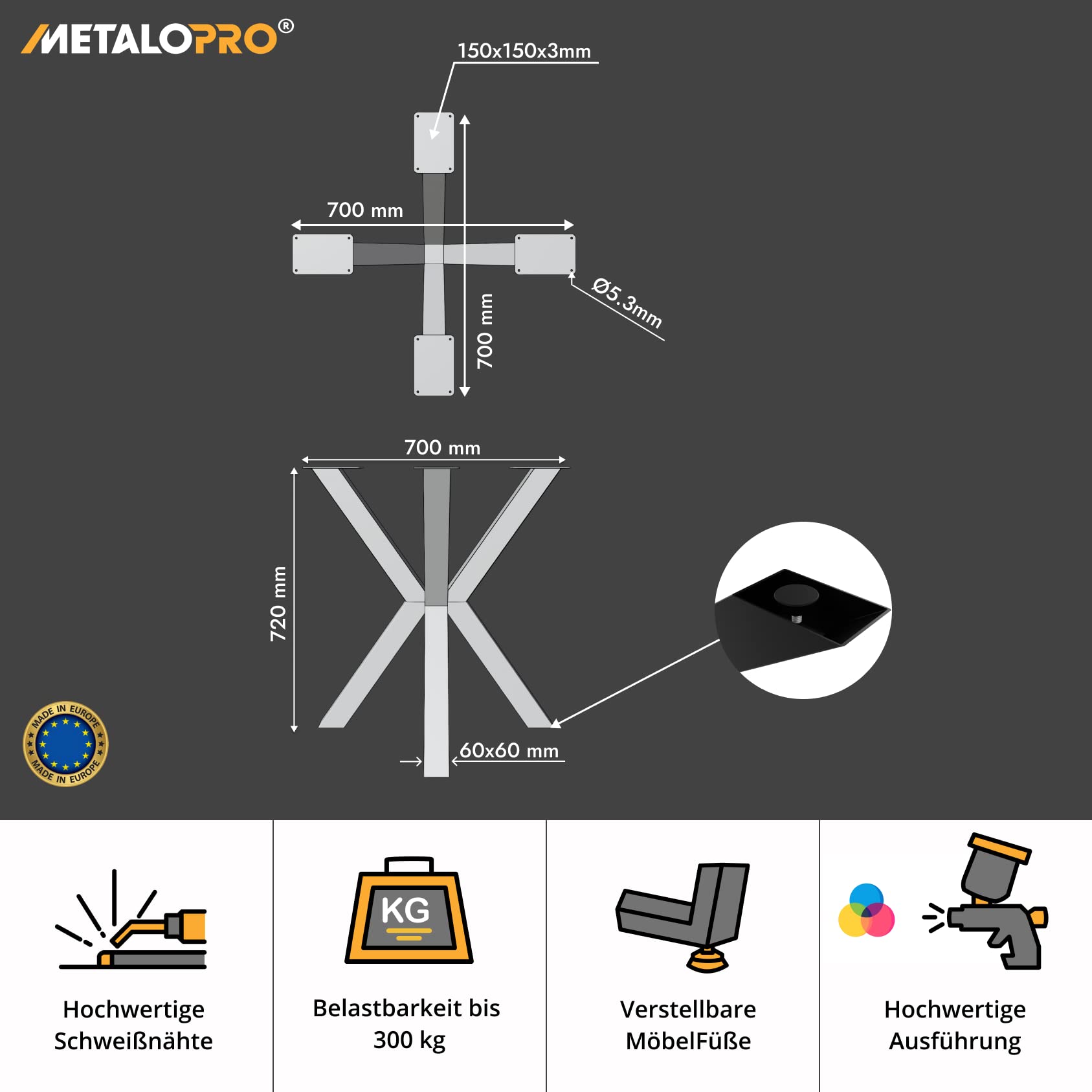 Gambe per Tavolo da Pranzo in Acciaio, Gambe per Scrivania, Mobili, Tavoli, Cavalletto Nero per Tavoli, Piedi per Tavolo in Ferro, Guide per Tavolo di Vetro, Stile Moderno – 70x70x72 cm | Metallo Di Alta Qualità, Ideale Per Sala Da Pranzo E Ufficio, Monta