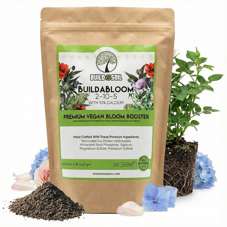 BuildASoil Vegan Bloom Booster & Flower Fertilizer - Plant Food for Organic Hydrangea, Roses, Hibiscus, and Vegetables - Natural Soil Flower Food - Best Fertilizer for Vegetable Garden - 5 LB Bag
