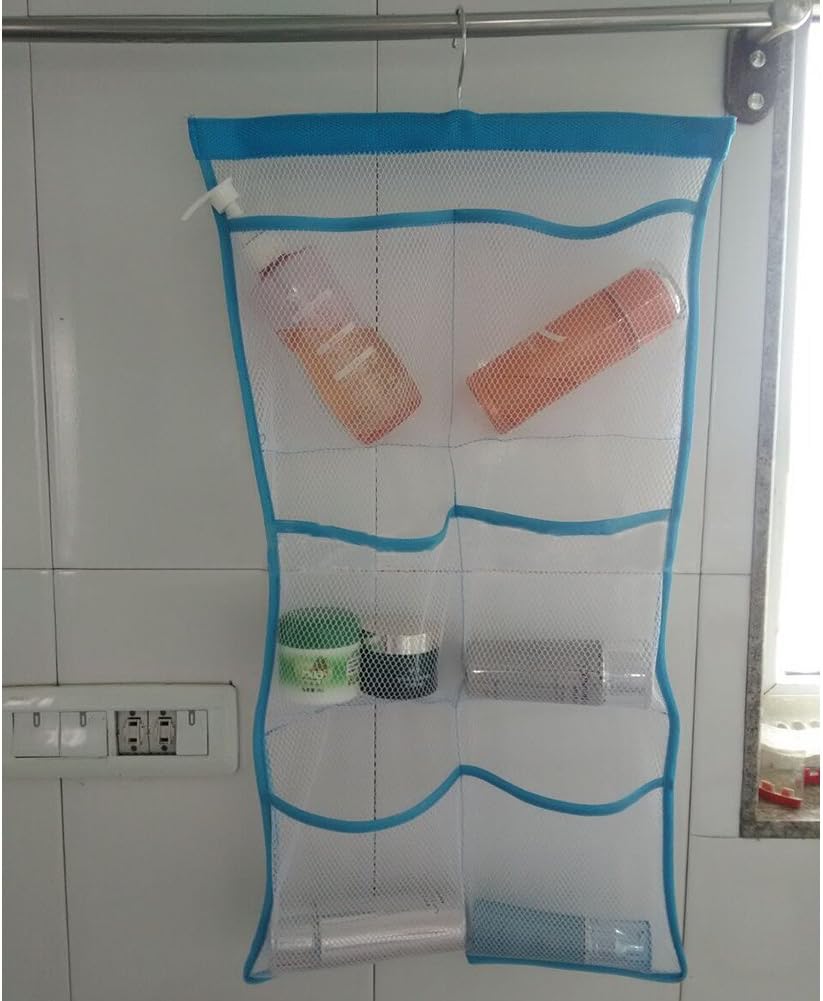 NANAN Quick Dry Hanging Bath Organizer with 6 Pockets, Hang on Shower Curtain Rod/Liner Hooks, Shower Organizer, Mesh Shower Organizer, Mesh Shower Caddy,Bathroom Accessories (Blue)