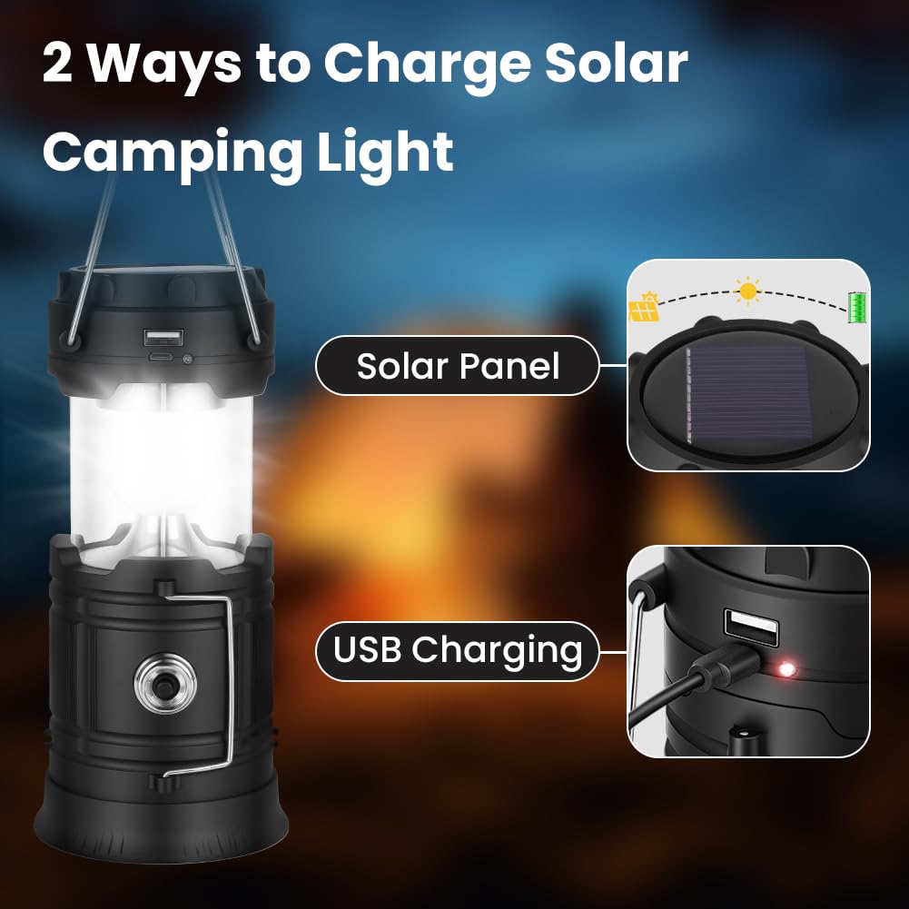 HOTUT LED Campinglampe Solar, Aufladbar Camping Laterne, Faltbare Wasserdicht Camping Licht mit Haken, USB und Solar Laden Notfallleuchte für Wandern, Angeln, SOS, Ausfälle