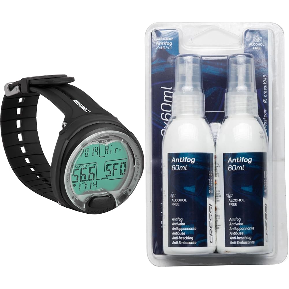 Cressi KS770000 Leonardo Dive Computer, Schwarz & Anti Fog 2Pack Antibeschlagmittel, Transparent, 2x60 ml Spray