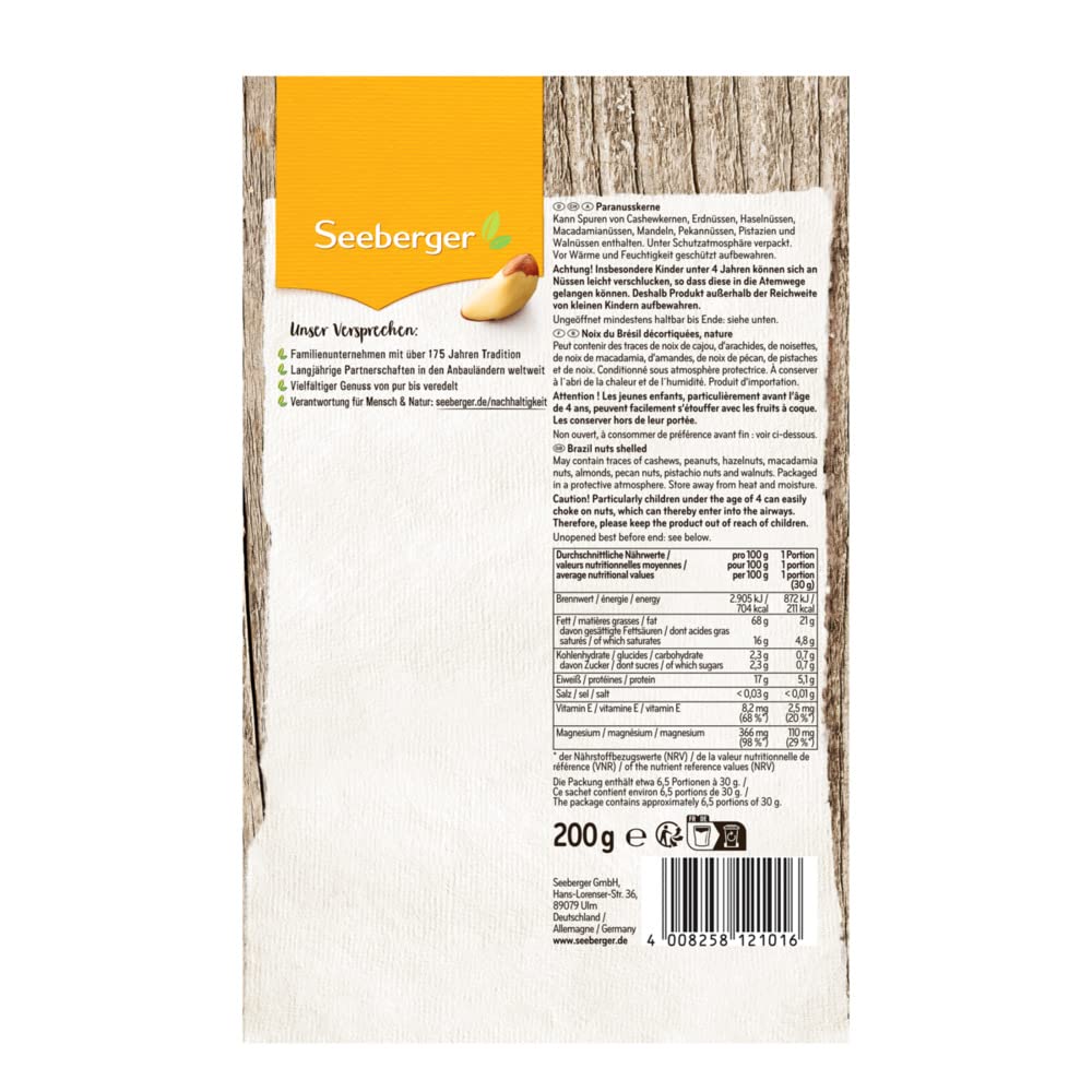Seeberger Paranusskerne 12er Pack: Große, ganze Kerne des Paranussbaums mit erdig nussigem Aroma - als Snack und zum Backen und Verfeinern von Speisen - roh, naturbelassen, vegan (12 x 200 g)