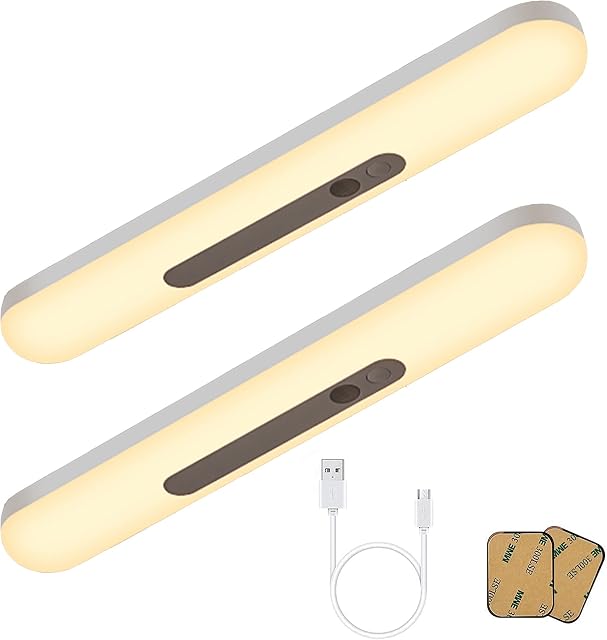 SAMLAK 30CM Motion Sensor Closet Light Indoor, 59 LED Lights, 2 Working Modes, Brightness Adjustable, LED Rechargable Wardrobe Cupboard Lights for Bedroom, Kitchen, Hallway-2Pack (Warm White Light)