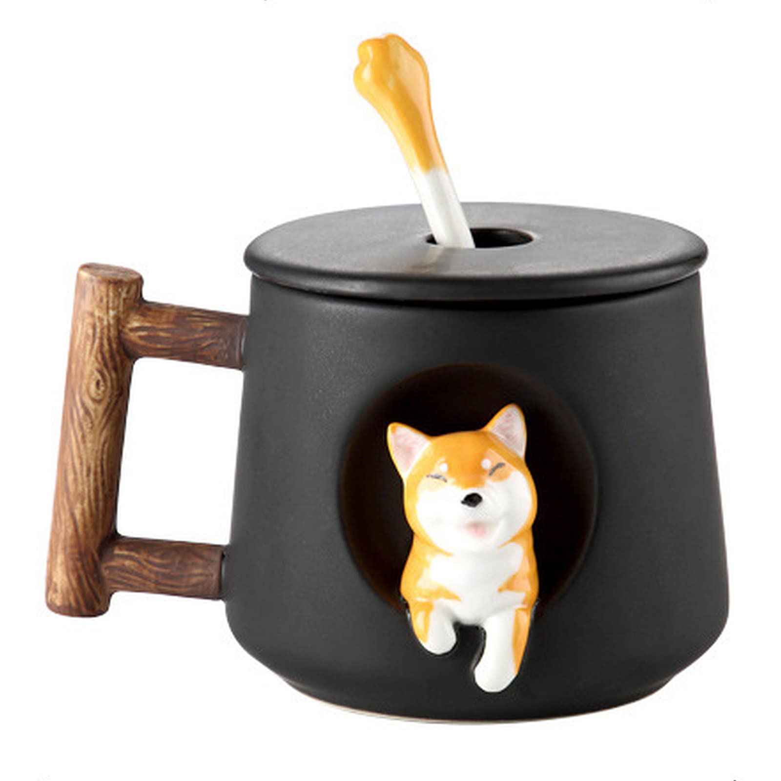 Cute Dog Couple Cup, Ceramic Coffee Mug with a Lid, Cute Paws on the Top of the Spoon, Cute Shiba Lnu Three-dimensional Design, with Matte Texture, (420ML Black Head)