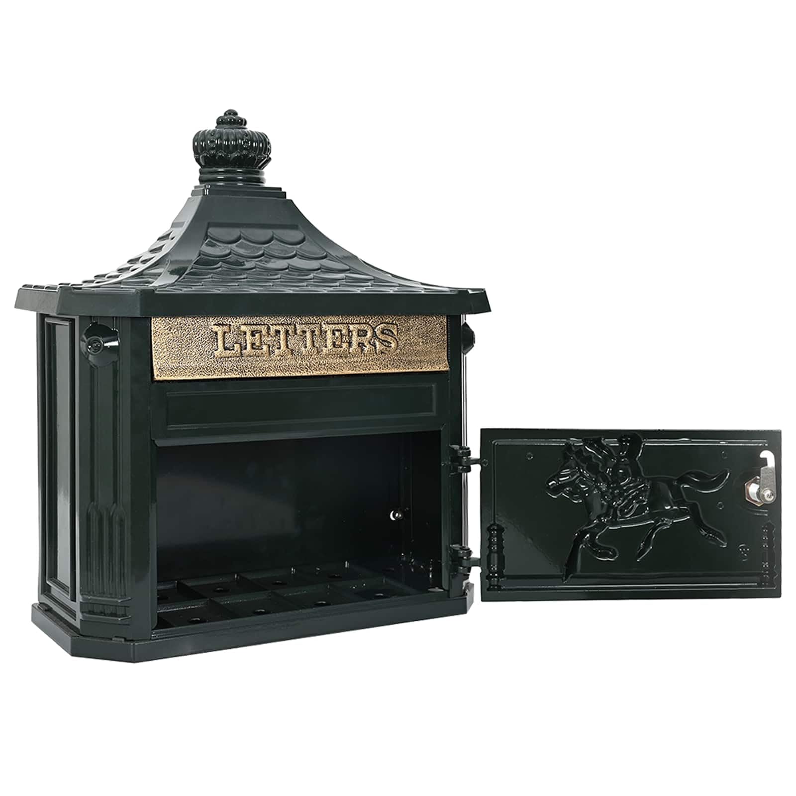 Skrzynka na listy montowana na ścianie, zielona, z odlewu aluminiowego, 40,5 x 16 x 45 cm, z zamykanymi drzwiami i dachem przeciwdeszczowym, styl vintage, do użytku na zewnątrz, przy wejściu