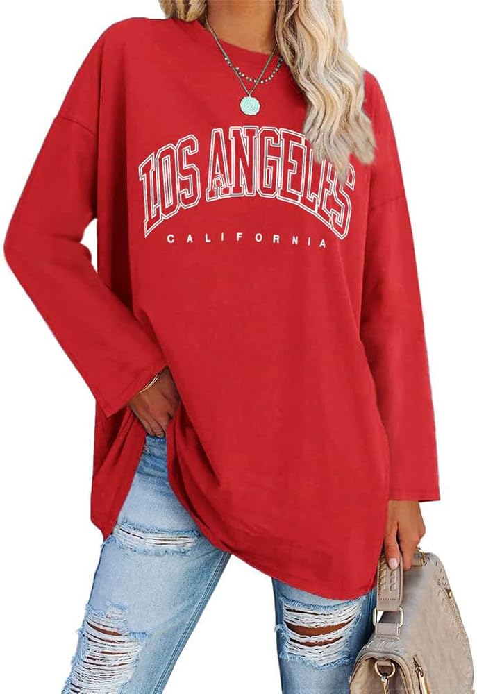 Ebifin Oversize T Shirt Damen Vintage Kurzärmeliges Rundhals Los Angeles Oberteile Tops Casual Lockere Basic Sommer Tee Shirts Bluse.