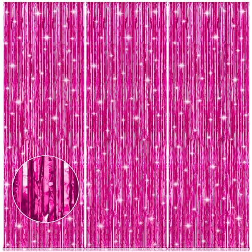 Image of Accevo 3Pack Hot Pink Party Streamers 3.2x8.2 Feet Metallic Foil Fringe Curtains Tinsel Streamers Party Decor Bridal Shower Bachelorette Christmas Xmas Valentine's Day Party Decorations Photo Booth