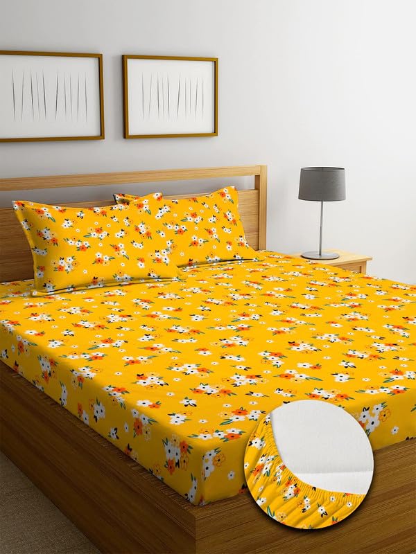 Image of NHD HOME Premium Cotton Elastic Fitted Bedsheets with 2 King Size Pillow Covers | Double Bed with All Around Elastic 220 TC Supersoft |Size-72 King Sizex78+10 inches | Floral, Yellow Red