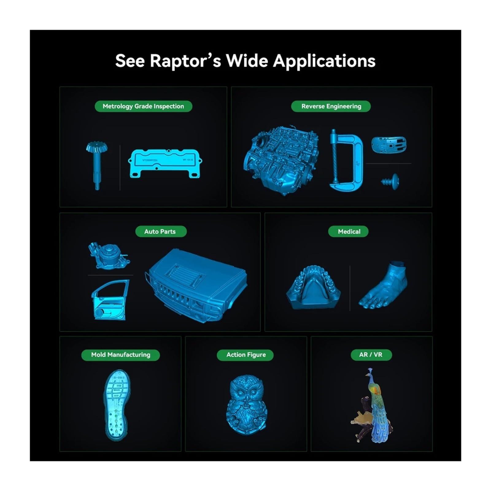 Scanner 3D CR-Scan Raptor Blue NIR Light 0,02 mm di precisione 60 FPS Anti-Shake Tracking a colori for stampa