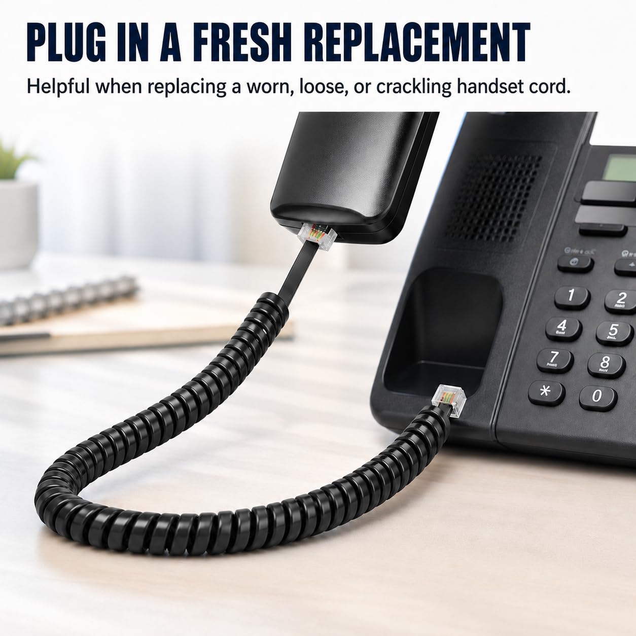 Cavo telefonico in rame puro, cavo telefonico RJ9 4P4C per telefono fisso, 3 m, cavo di ricambio a spirale per telefono da ufficio/casa, design a spirale estensibile, compatibile universalmente (5
