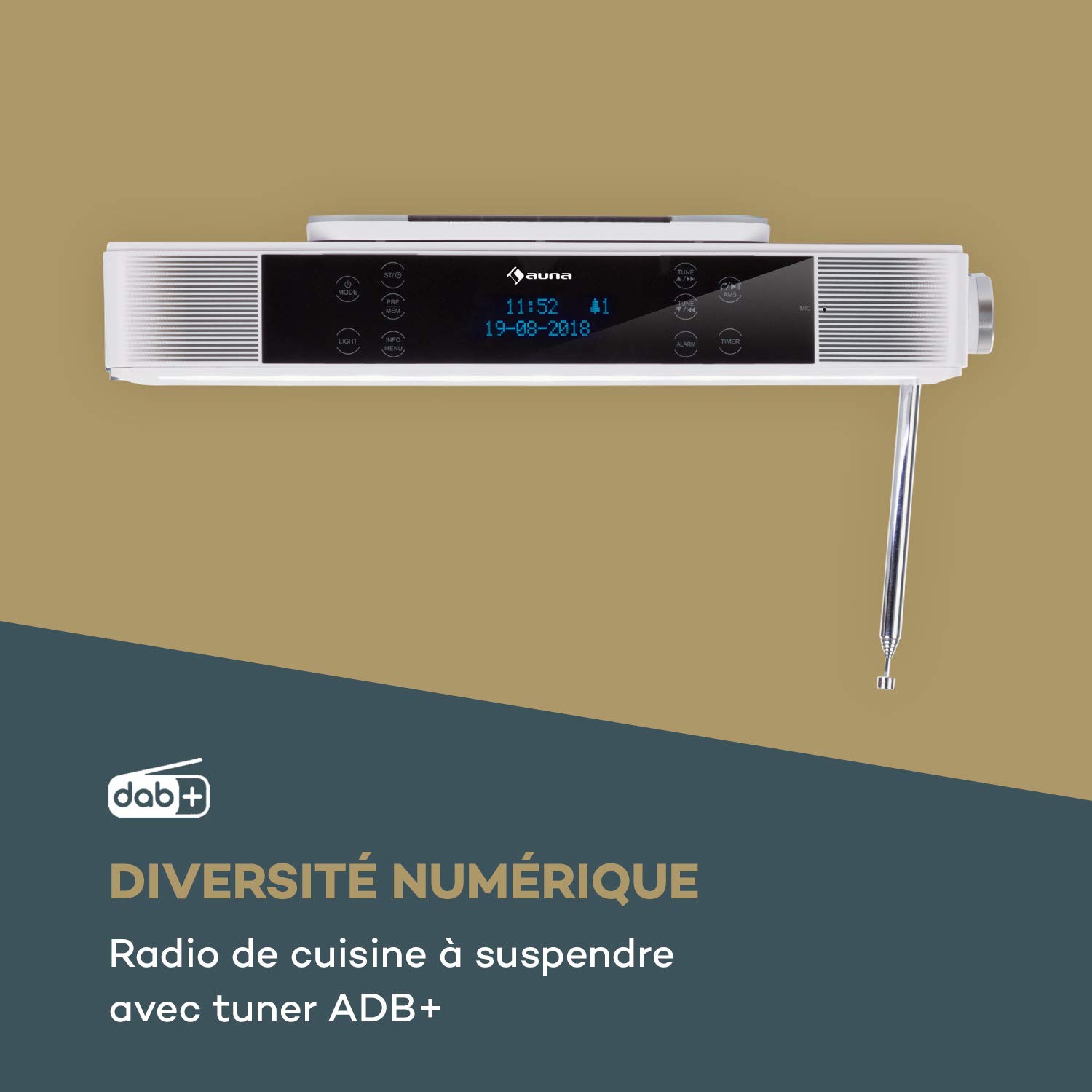 AUNA KR-140 - Radio de Cuisine encastrable, Bluetooth, Radio Dab+, 40 Stations programmables, 2x3W RMS, Écran Tactile, Mains-Libres, Éclairage LED, Minuterie de Cuisson - Blanc