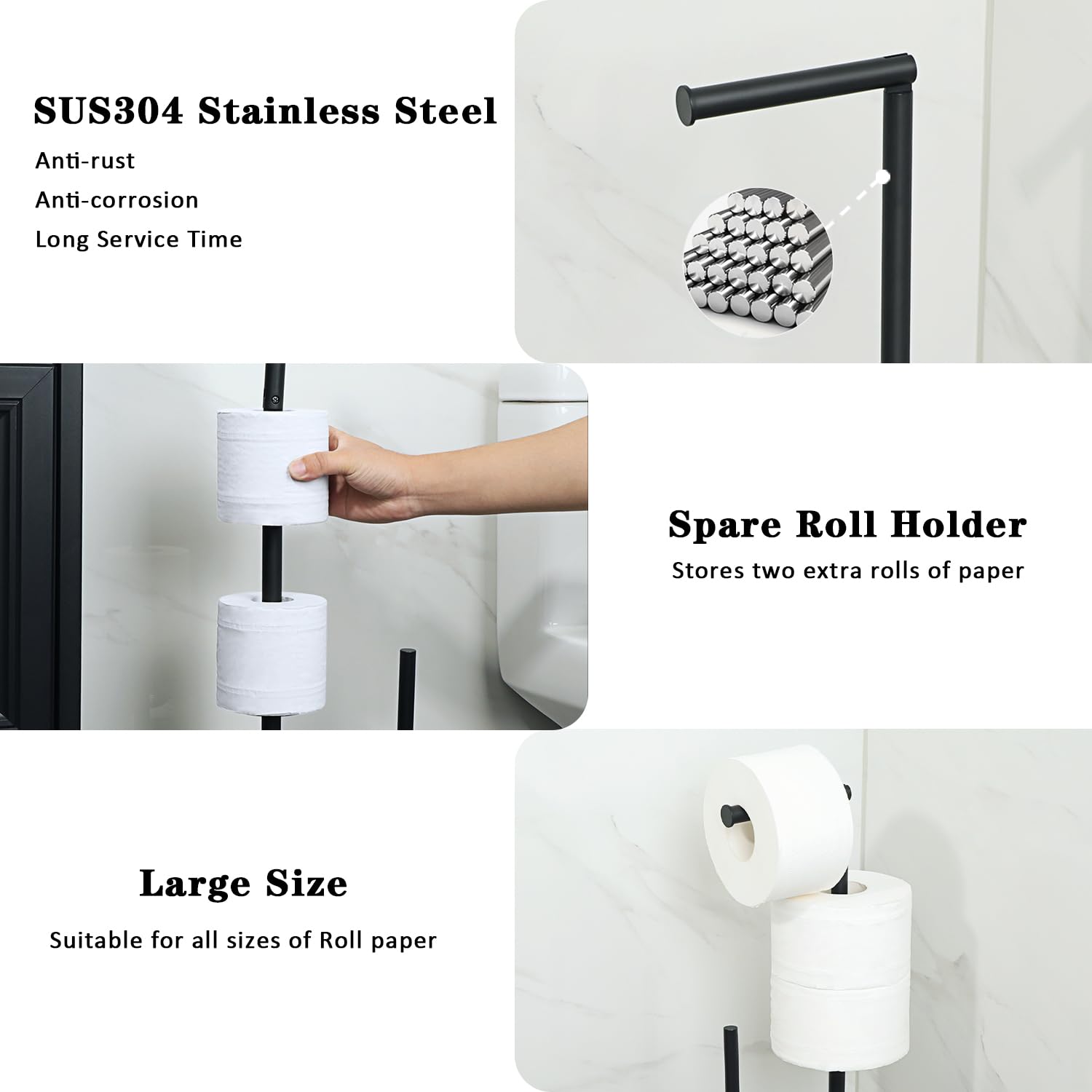 Portarotolo Carta Igienica Da Terra Sayayo - Acciaio Inox, Base Vetro, Altezza 58 Cm, Nero - Foto 10