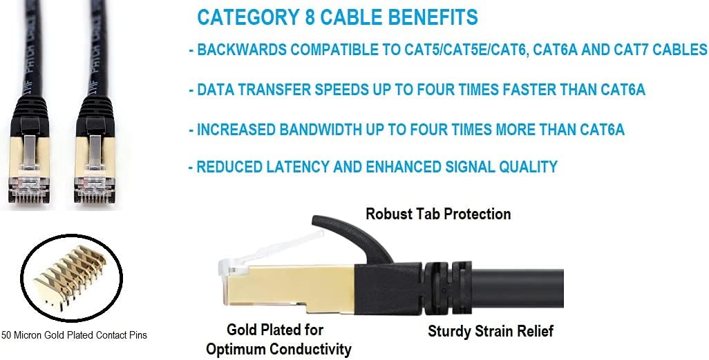 RiteAV - Cat8 Indoor/Outdoor, High Speed, Heavy Duty Ethernet Cable, UV Resistant, Weatherproof, S/FTP, 40Gbps, 2000 MHz, Gold Plated RJ45 Connectors for Modem/Router/Gaming - 100FT