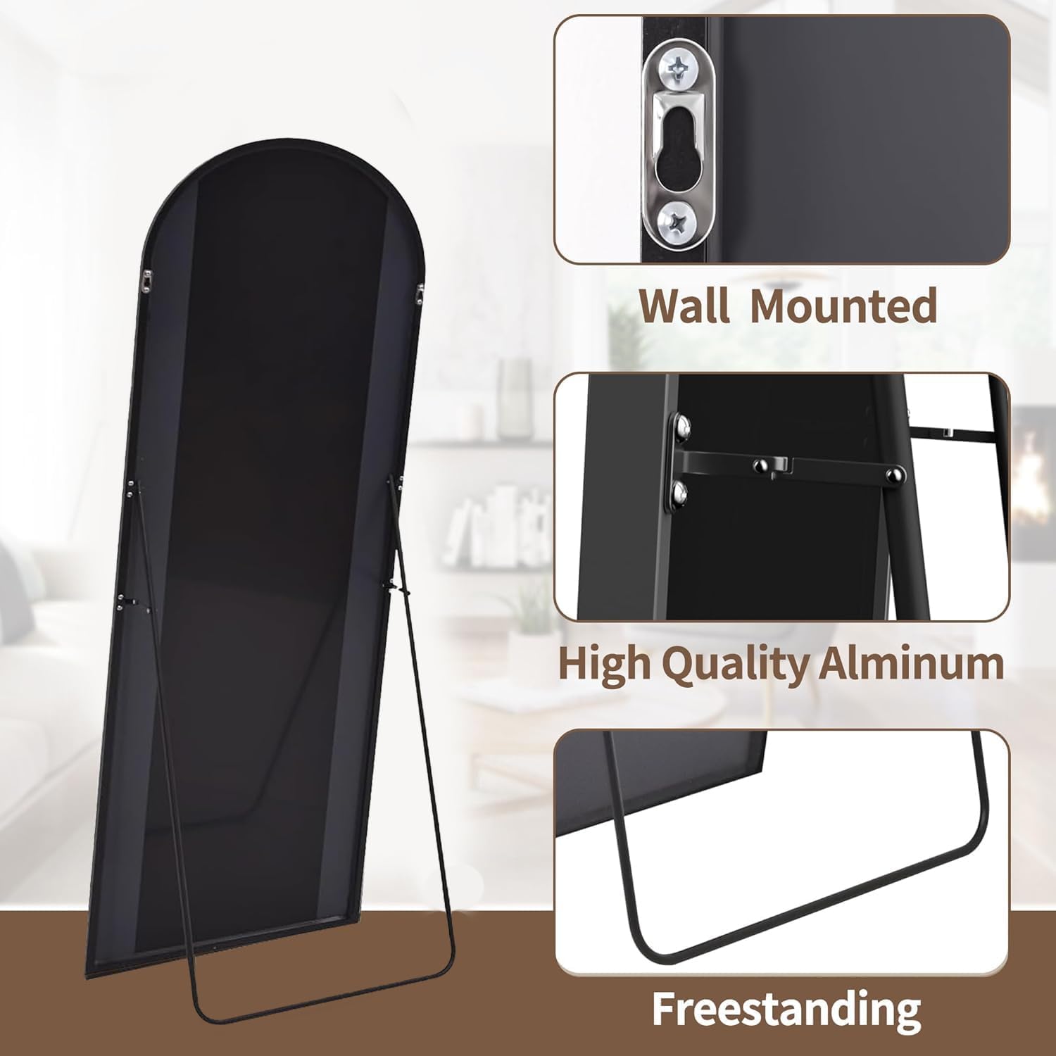OGCAU Full Length Mirror, 70"x26" Arched Full Body Floor Mirror with Stand, Hanging or Leaning, Standing, Wall Mounted with Aluminum Frame for Bedroom Living Room (Black) - Image 5