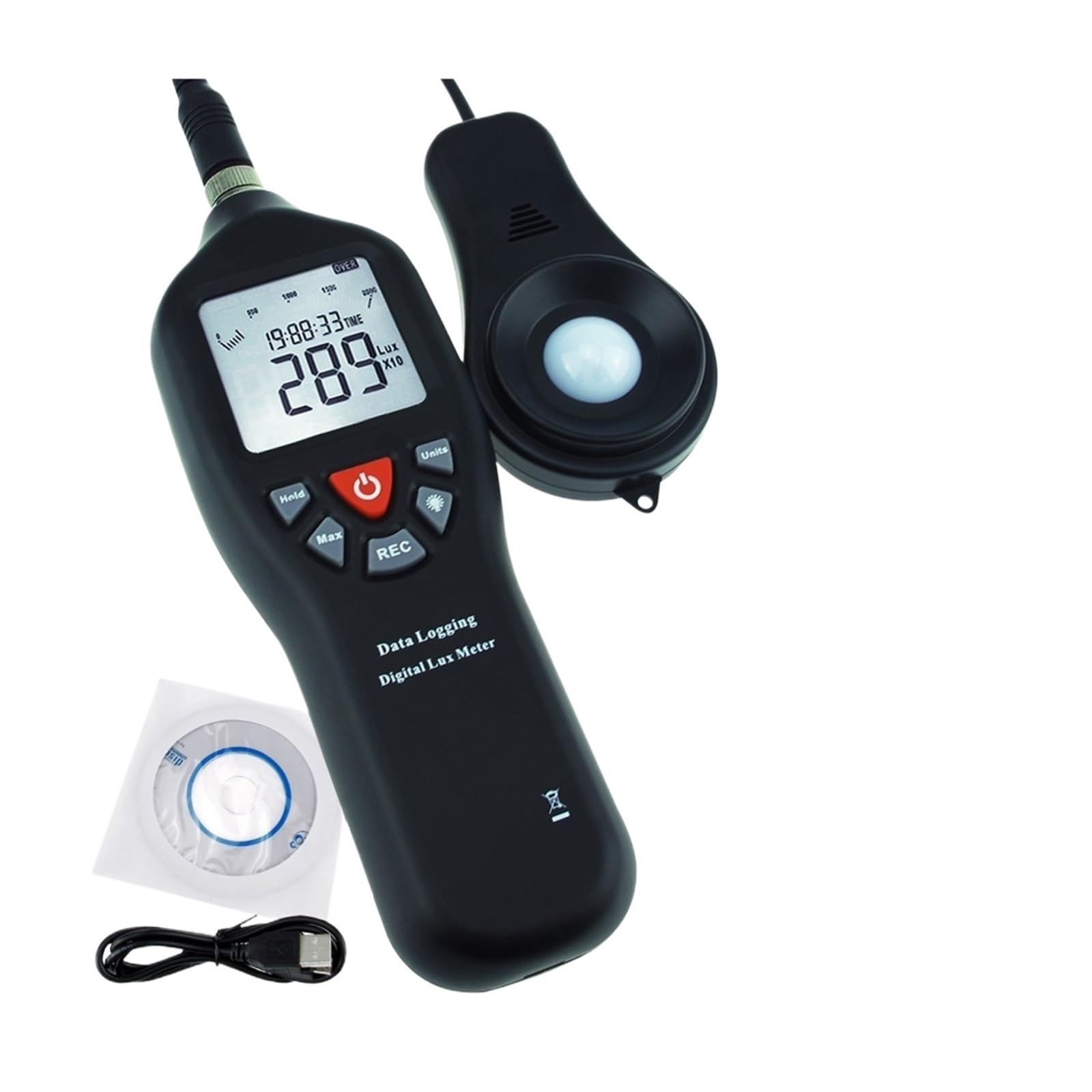 Luxómetro Portátil, Luxómetro Luxómetro 0-200000 Fotómetro con función de registro de datos Sensor desmontable Retroiluminación Pantalla grande Luxómetro