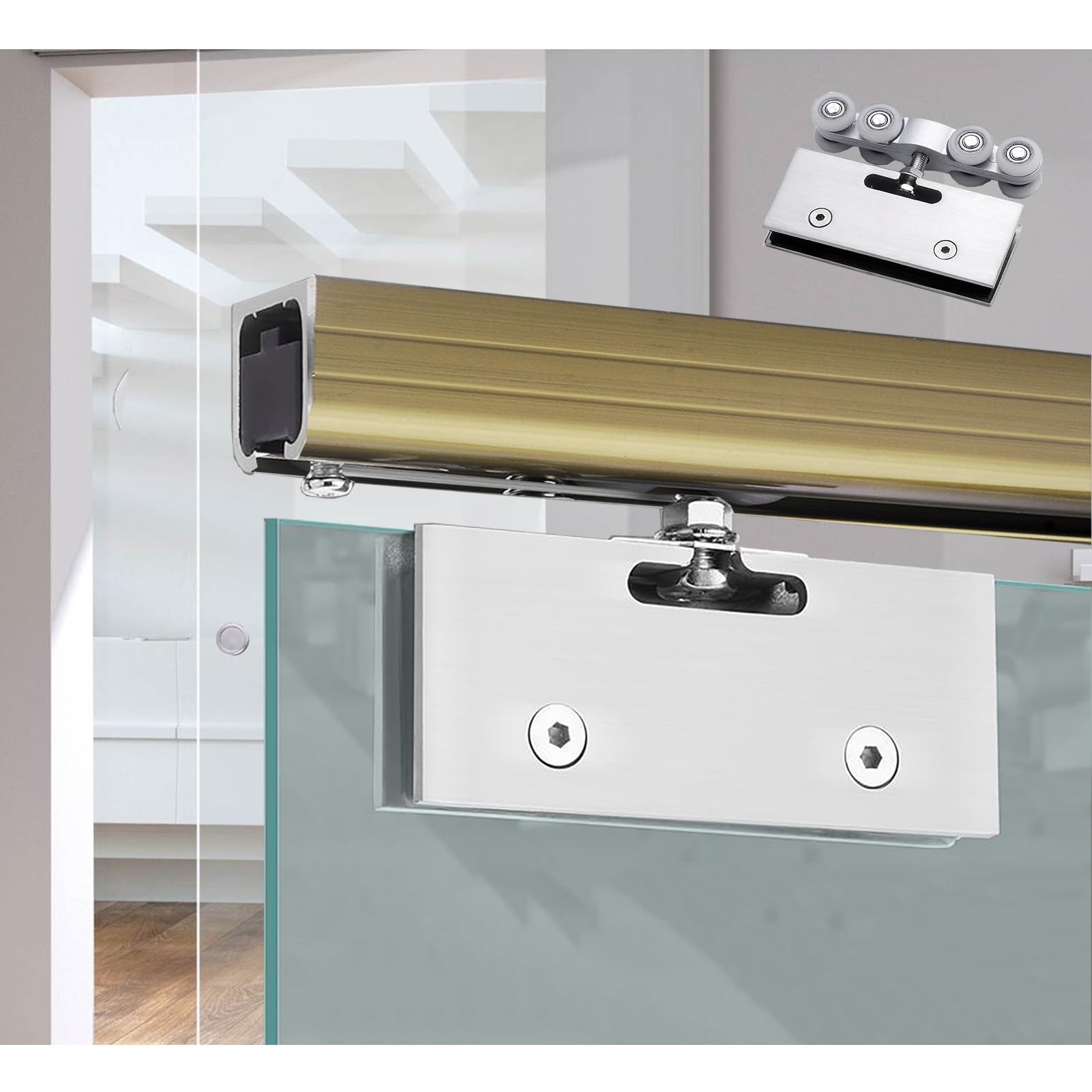 PALSINBY Sliding Glass Door Track Kit, Single Track 8 Wheel Sliding Glass Door Hardware Kit For 10-12mm 70-400cm(Champagne,190cm (6.2ft))