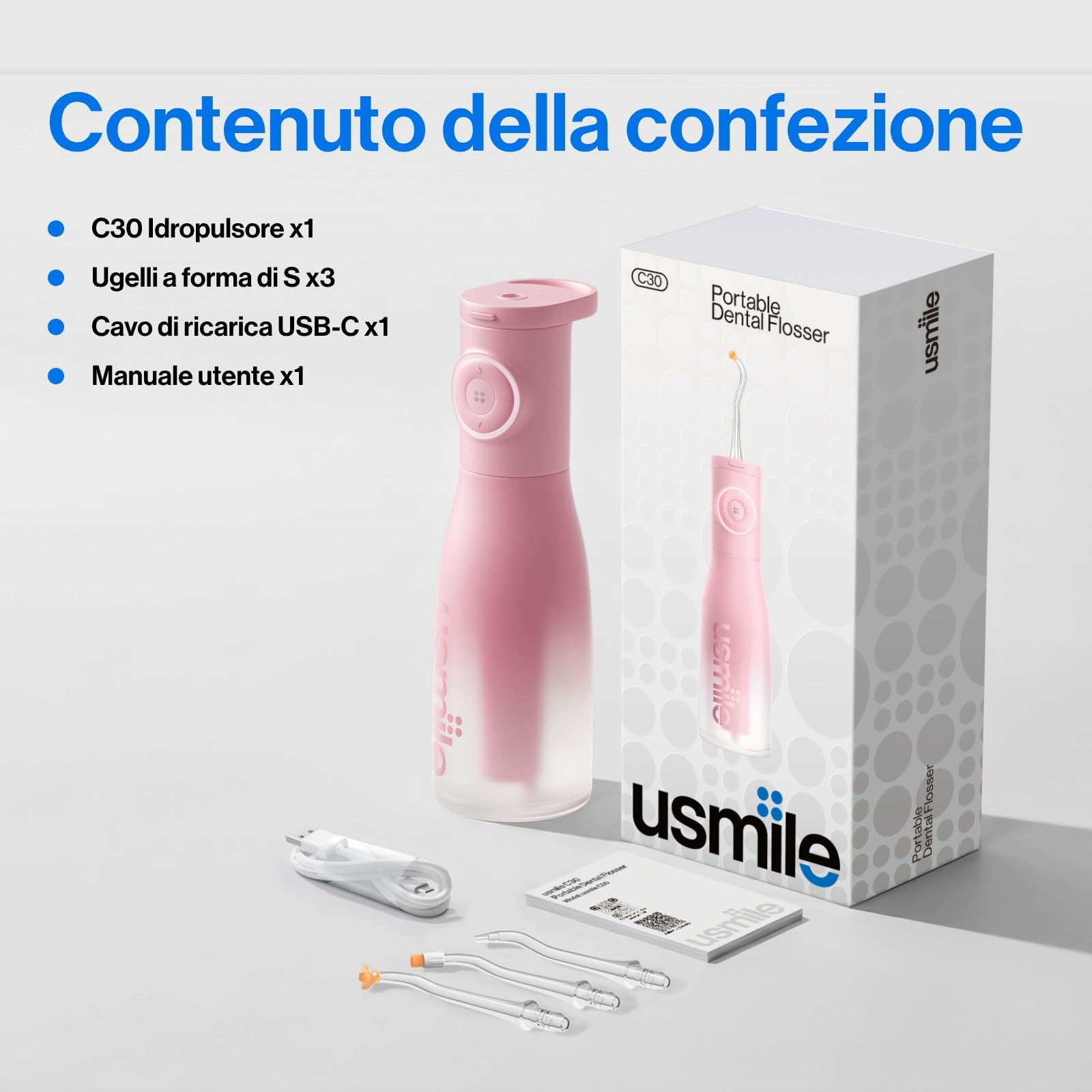 usmile C30 Idropulsore Senza Fili Irrigatore Orale Capacità 300ML | 5 livelli di pressione, Pulizia profonda, Ugelli forma di S per bretelle e gengive sensibili, USB-C IPX7 per Viaggi a Casa