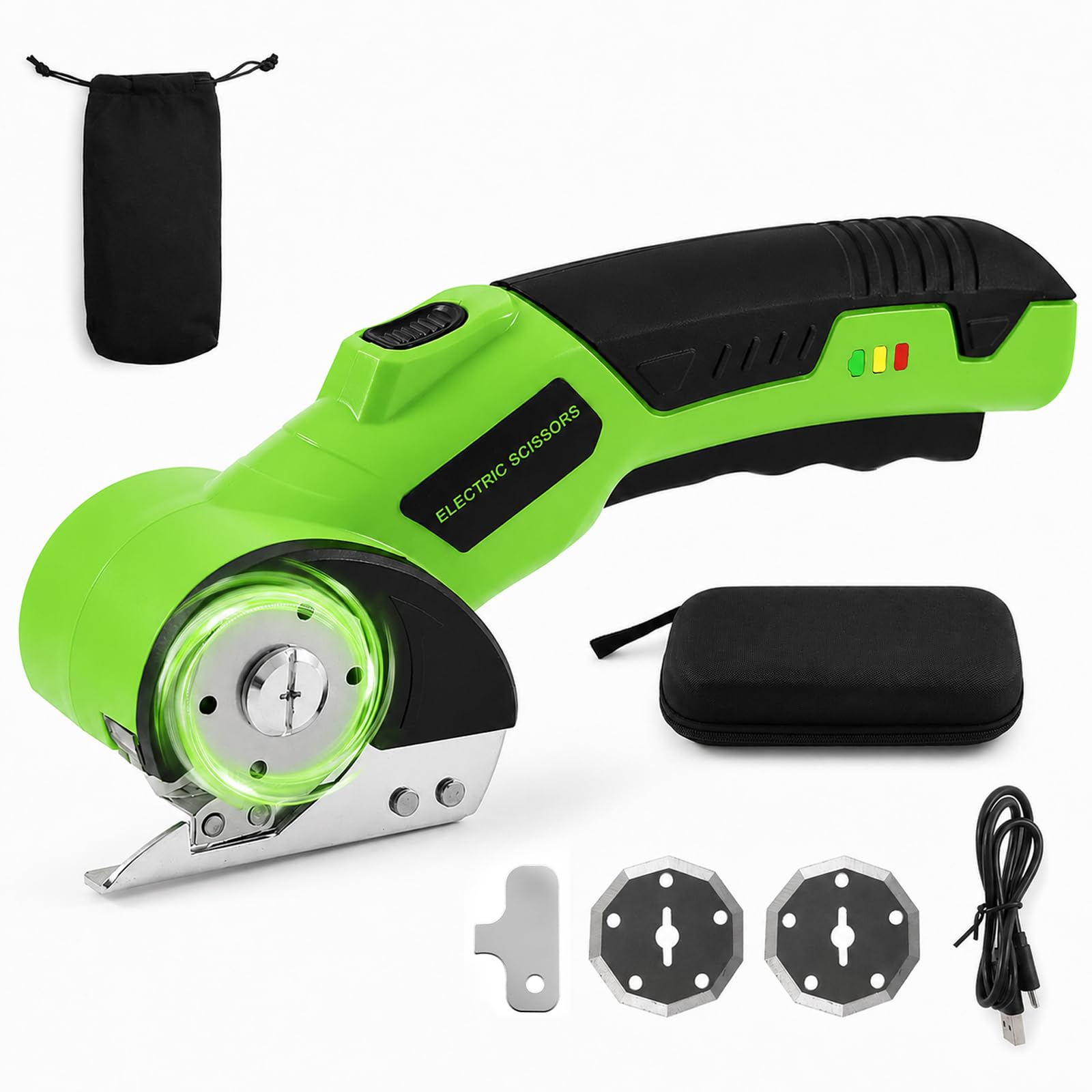 Cordless Electric Scissors, Rechargeable Electric Box Cutter with 2 Blades, High-Precision Rotary Cardboard Cutter with Safety Lock and LED Light for Cardboard, Fabric, Leather, Carpet (Green)