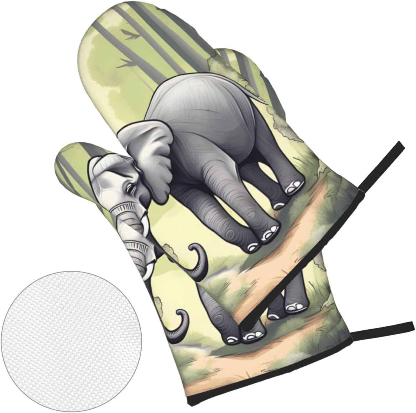 Walking elephant Oven gloves and heat-resistant mat 4-piece set. Suitable for grilling, microwave oven frying, and baking
