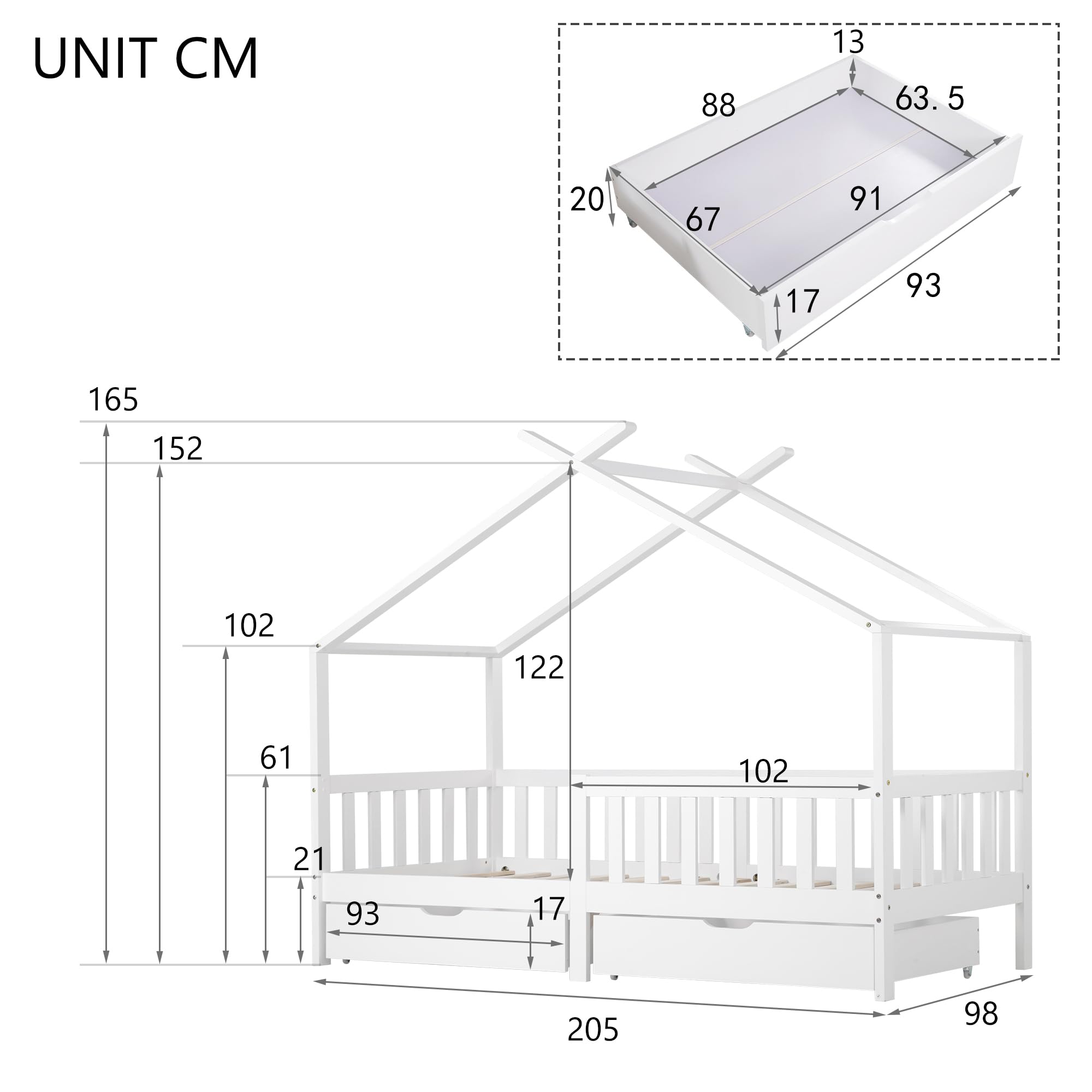 Letto Casetta per Bambini 90x200cm, Lettino Montessori con 2 Cassetti, Struttura in legno massello con Rete a Doghe, Cameretta Ragazzi, letto a Forma di Casa