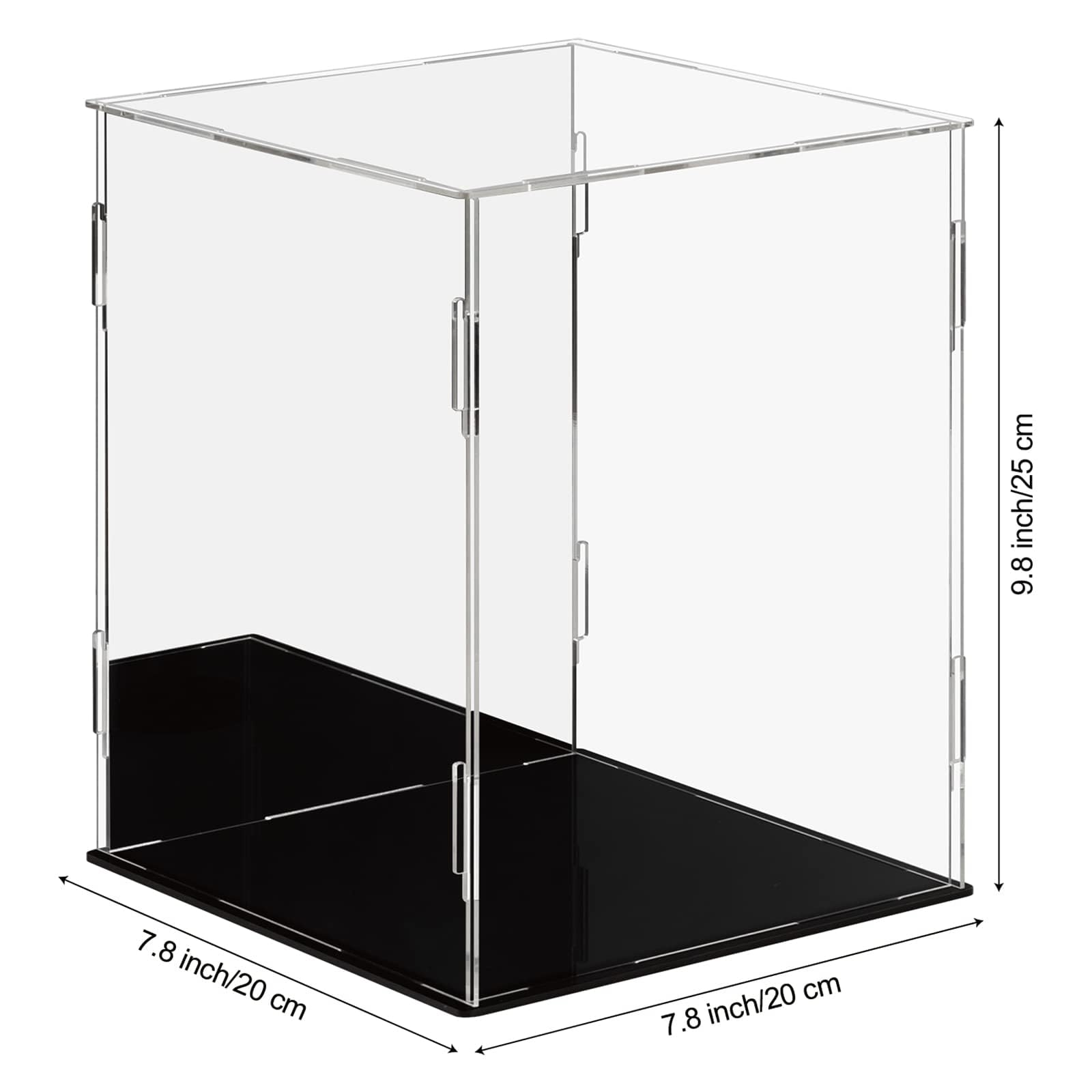 Dezzer Vetrina Acrilica con Base Nera, Assemblare Controsoffitto in Acrilico Scatola Antipolvere Vetrina per Figure d'azione Giocattoli, da Collezione (20 x 20 x 25 cm)