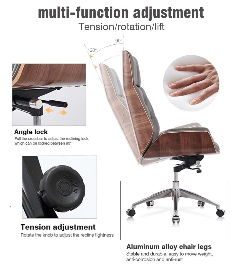 Silla de oficina ergonómica con soporte lumbar, piel de microfibra, altura ajustable, base de aleación de aluminio para oficina en casa