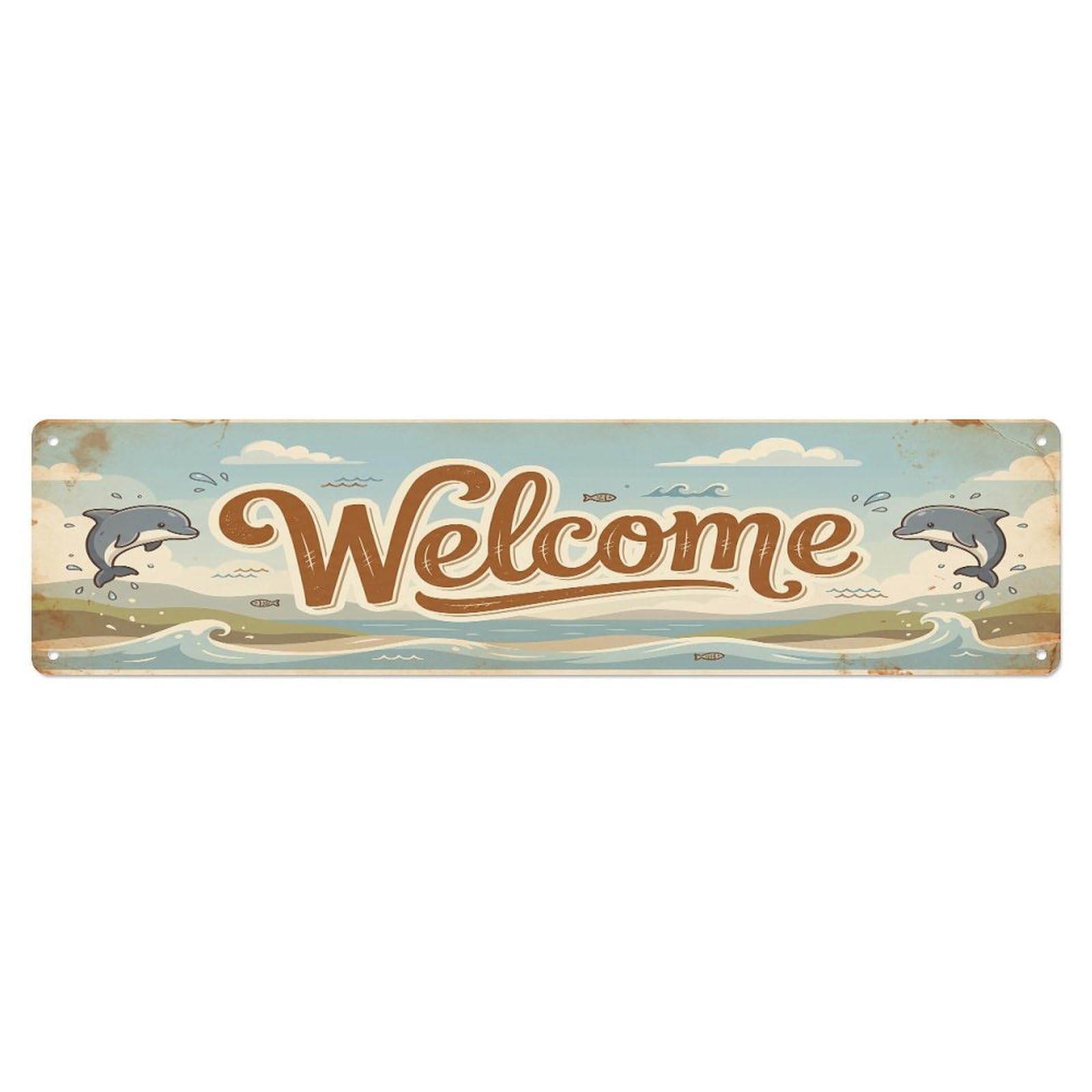 Vintage Welcome Dolphin Playful Metal Tin Sign