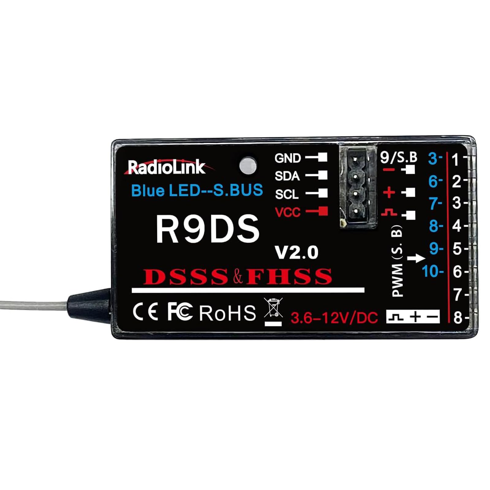 Xiangtat Radiolink R9DS 10Ch 2.4GHz RC Receiver SBUS/PWM Long Range Control for Airplane/Car/Multirotors, Compatible with Transmitter AT9/AT9S/AT9S Pro AT10II/AT10 (R9DS 10Ch Receiver)