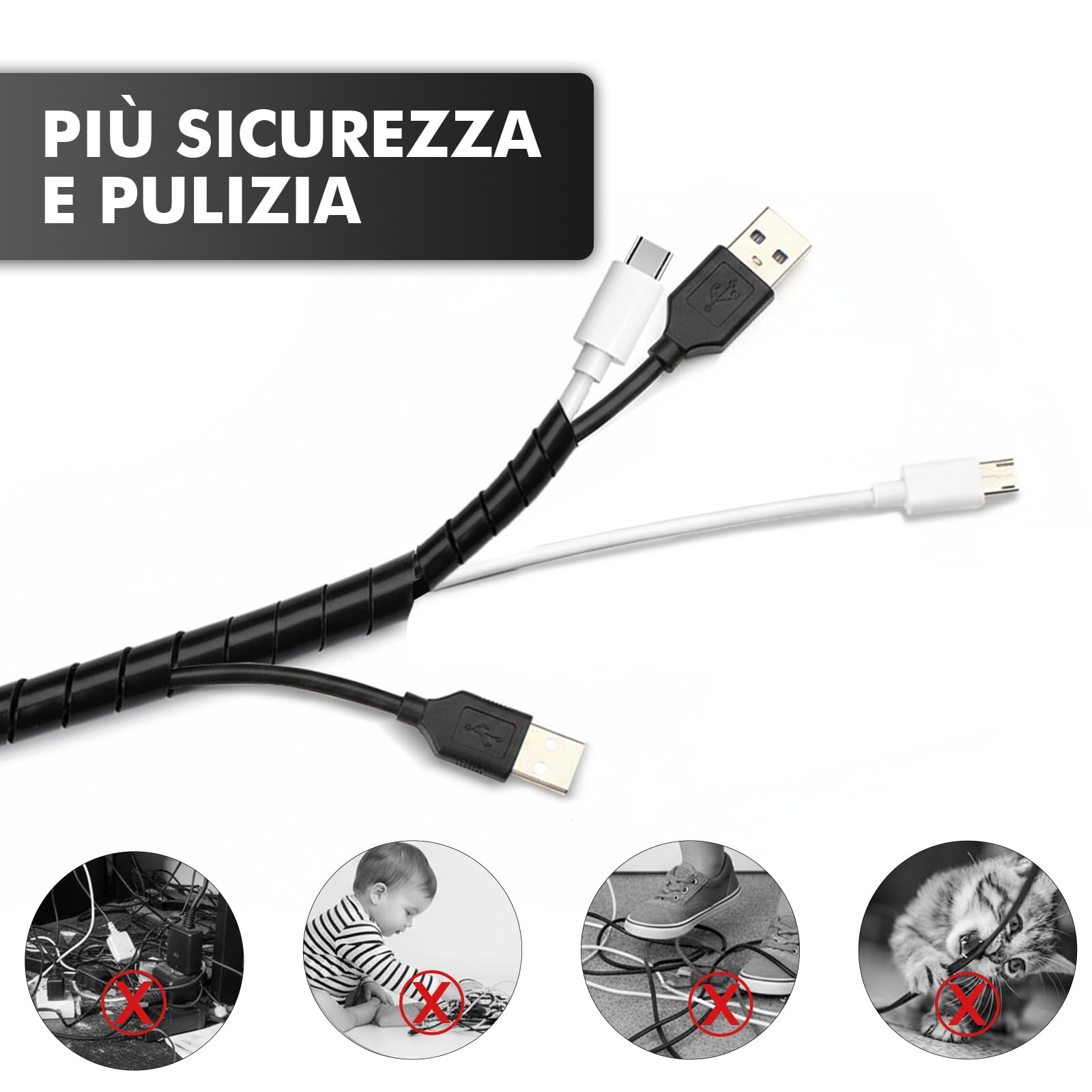 shinfly Raccogli Cavi 2×6 m (Ø 8mm+Ø 10mm), Guaina per Cavi a Spirale, Flessibil Spirale Cavi Elettrici, Guaina Spiralata per Fili TV PC, Gestione Cavi Casa e Ufficio, Colore Nero