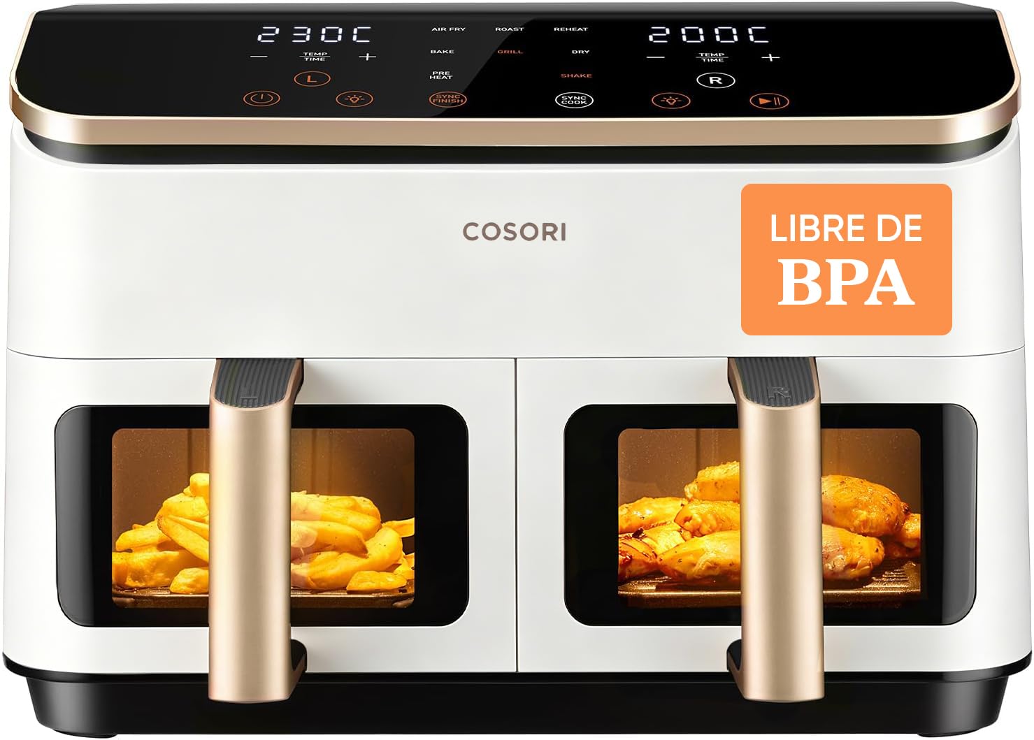 Cosori Air Fryer Grande 8,5 Litros, Freidora de Aire con Doble Cesta, Airfryer con Ventana, Recetas en la App, Multifunción 10 en 1, Alta Potencia y 55% de Eficiencia, Bajo Ruido, Limpiable, Blanca