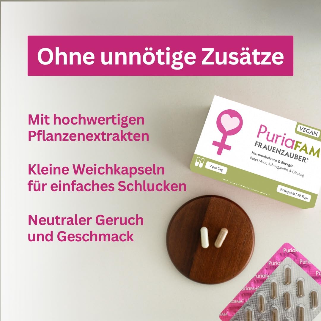 PuriaFAM® Frauenzauber, rotes Maca, 180 Kapseln, Ashwagandha, vegan - Hergestellt in DE - Hormon Balance Frauen