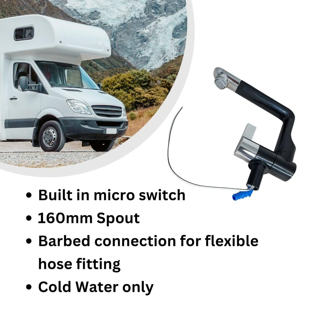 Rubinetto per acqua fredda pieghevole, 12 V, microinterruttore, nero/cromo, 160 mm di lunghezza della bocca, per roulotte, camper, roulotte Airstream e barca, sistema idraulico con microinterruttore