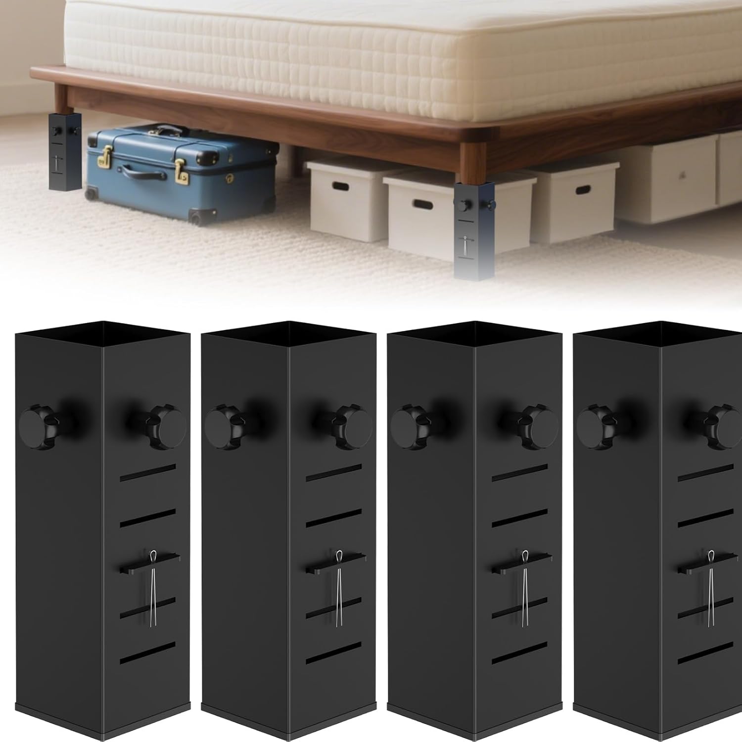 Heavy Duty Dorm Bed Risers Extenders, Increase Under-Bed Storage Space, Fits Bed Legs 2.2" to 3" Diameter, Thickened Steel for Extra Stability, 5-Level Adjustable Height, Black, 4-Piece. 3" Diameter - 5 Levels Height Adjustable