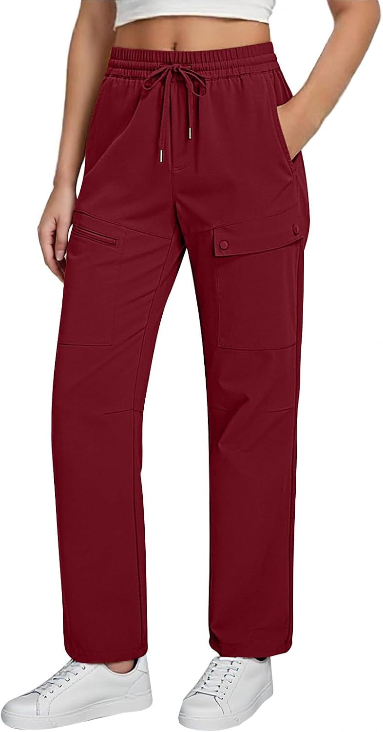 Womens Solid Cargo Trousers with Pockets Long Pants Casual Utility Bottoms, Relaxed Fit Pockets Pant for Women