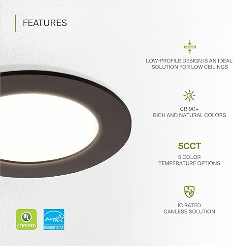 Miniatura 3 de ASD Iluminación LED empotrable de 4 pulgadas, 2700 K/3000 K/3500 K/4000 K/5000 K, 12 W, 50 W, ecualizador de techo ultra fino y regulable, con caja