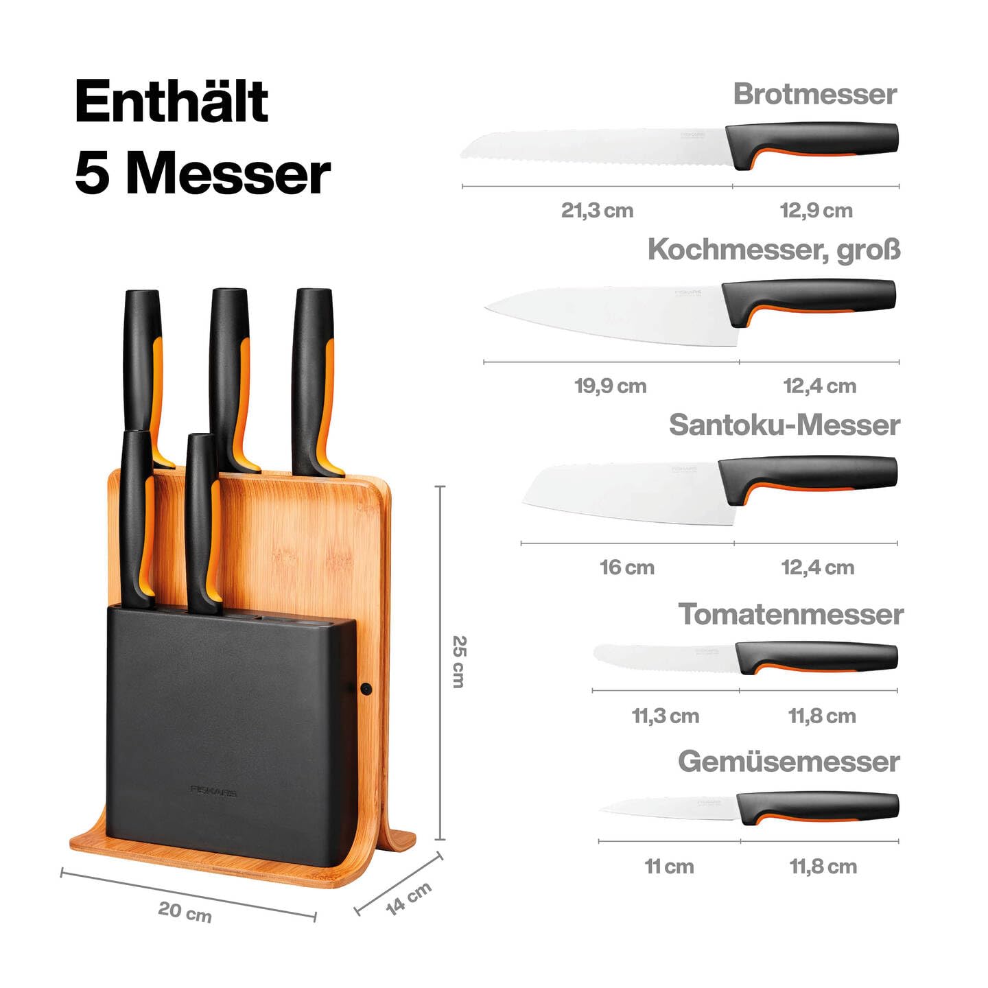 Fiskars Bambus Design-Messerblock mit 5 Messern, Functional Form, Inklusive Gemüsemesser, Tomatenmesser, Santoku Kochmesser, Kochmesser und Brotmesser, Bambus/Kunststoff, 1057552